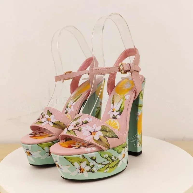 

Colorful Floral Print Open Toe Platform Sandals Buckle Strap Women Shoes Chunky High Heels Party Feast 2025 Zapatos Para Mujere