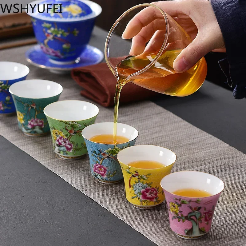 4 Pcs/set Jingdezhen Exquisite Ceramic Teacup Hand Painted Flowers and Birds Enamel Tea Set Travel Portable Tea Bowl Master Cup