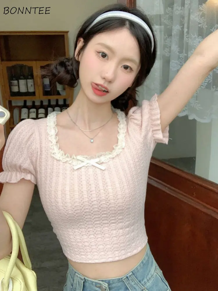 Puff Sleeve T-shirts Women Lace-up Design Korean Style Summer Hotsweet Slim Crop Tops Temperament Casual Chic All-match Fashion