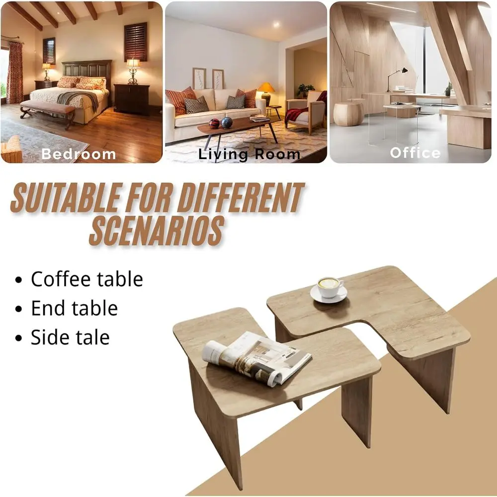 مجموعة طاولة القهوة المتداخلة الحديثة مكونة من 2، طاولة قهوة مربعة خشبية طبيعية على شكل حرف L لغرفة المعيشة، طاولة نهاية طاولة مركزية صغيرة Se #5