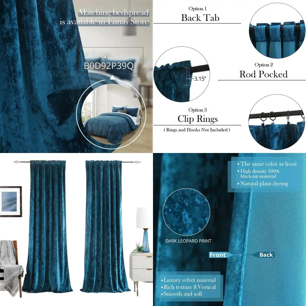 

Luxury Soft Velvet Blackout Curtains, 2-Panel Set for Bedroom, Nursery, Patio Doors, 52x108, Azure Blue