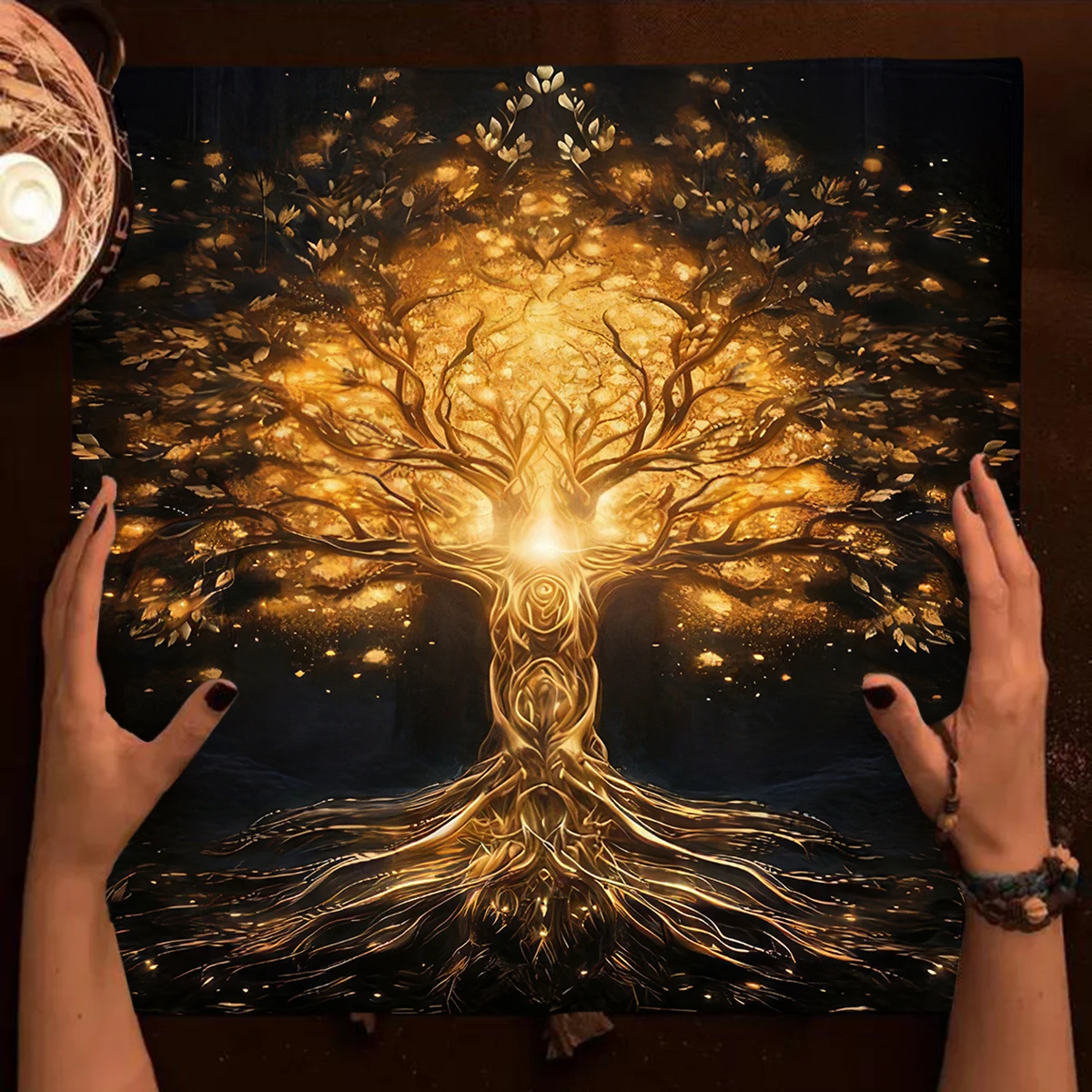 Golden Life Tree Tarot Tablecloth Wicca Altar Cloth Pagan Table Cloth Witchcraft Astrology Oracle Card Pad Tarot Mat Decor