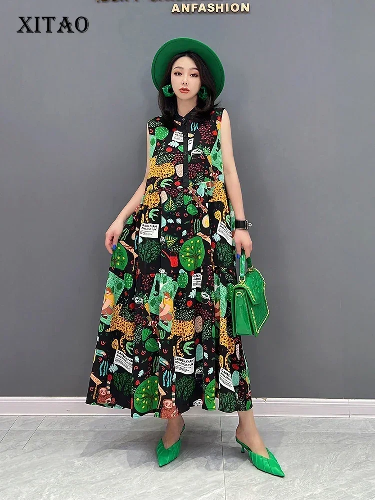 

XITAO Sleeveless Stand Collar Shirt Dress Vintage Fashion Print Contrast Color Pattern Loose Casual Women Dress WMD7044