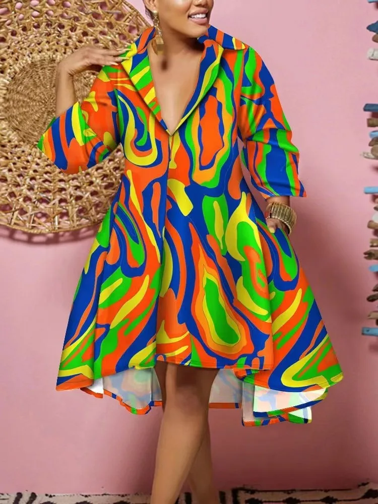 

Fashion Print Women Shirt Dress 2024 Summer Lapel Half Sleeve Pocket Big Hem Robe Office Ladies Midi Dresses Beach Party Dress