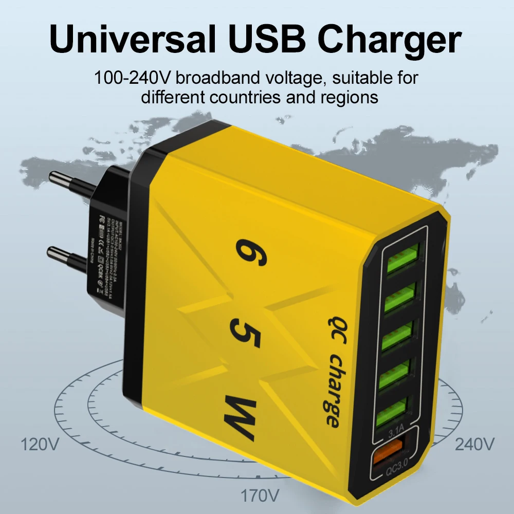 شاحن سفر USB سريع الشحن ، 6 منافذ ، 65 واط ، QC3.0 ، ايفون 15 ، سامسونج ، شاومي ، هاتف ، محول تابلت ، EU ، KR ، US ، المملكة المتحدة قابس
