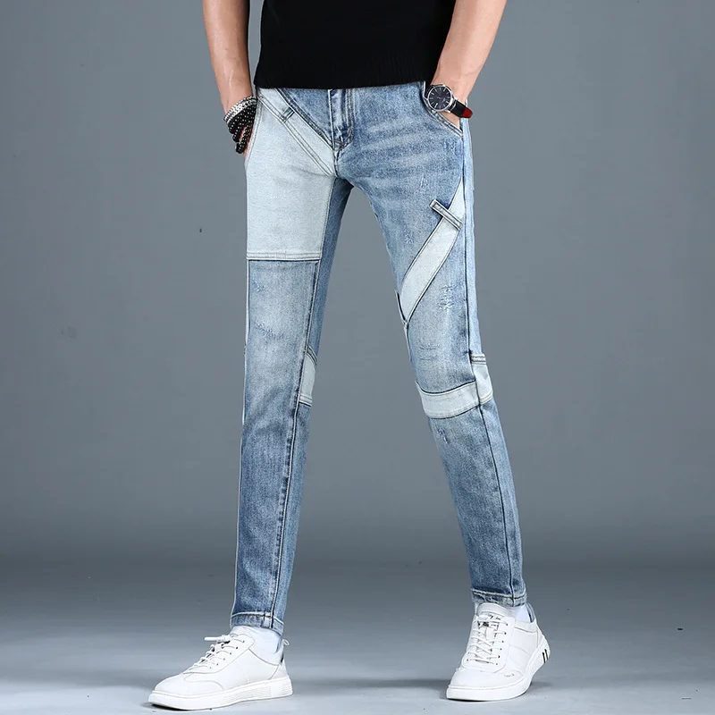 Street Fashion High-End Stitching Jeans Men's Autumn and Winter Slim Fit Skinny Cool Smart Casual Motorcycle Trousers