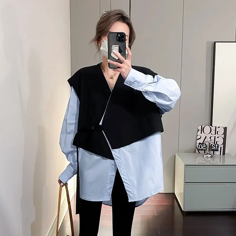 Fake Two Pieces Spring Autumn New Women\'s Contrast Color Spliced Asymmetrical Blouse V-Neck Elegant Loose Long Sleeve Shirt