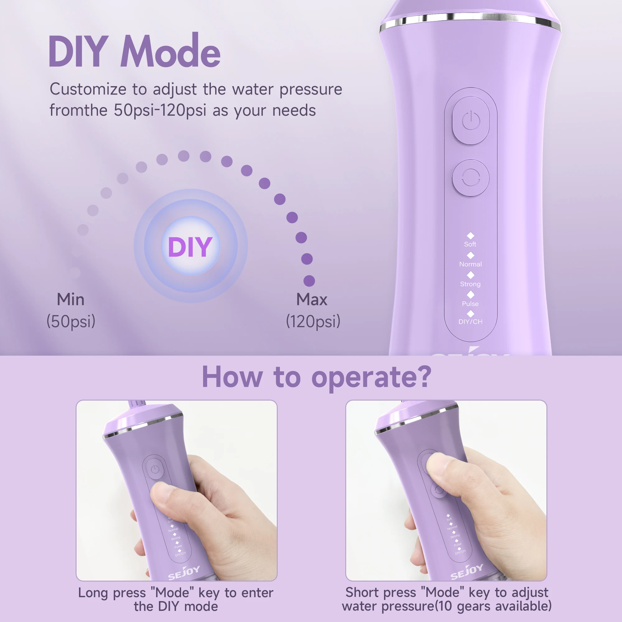 Sejoy Portable Oral Irrigator Rechargeable Dental Water Flosser 7 Nozzles Water Jet 350ml Water Tank 5 Modes Waterproof IPX7