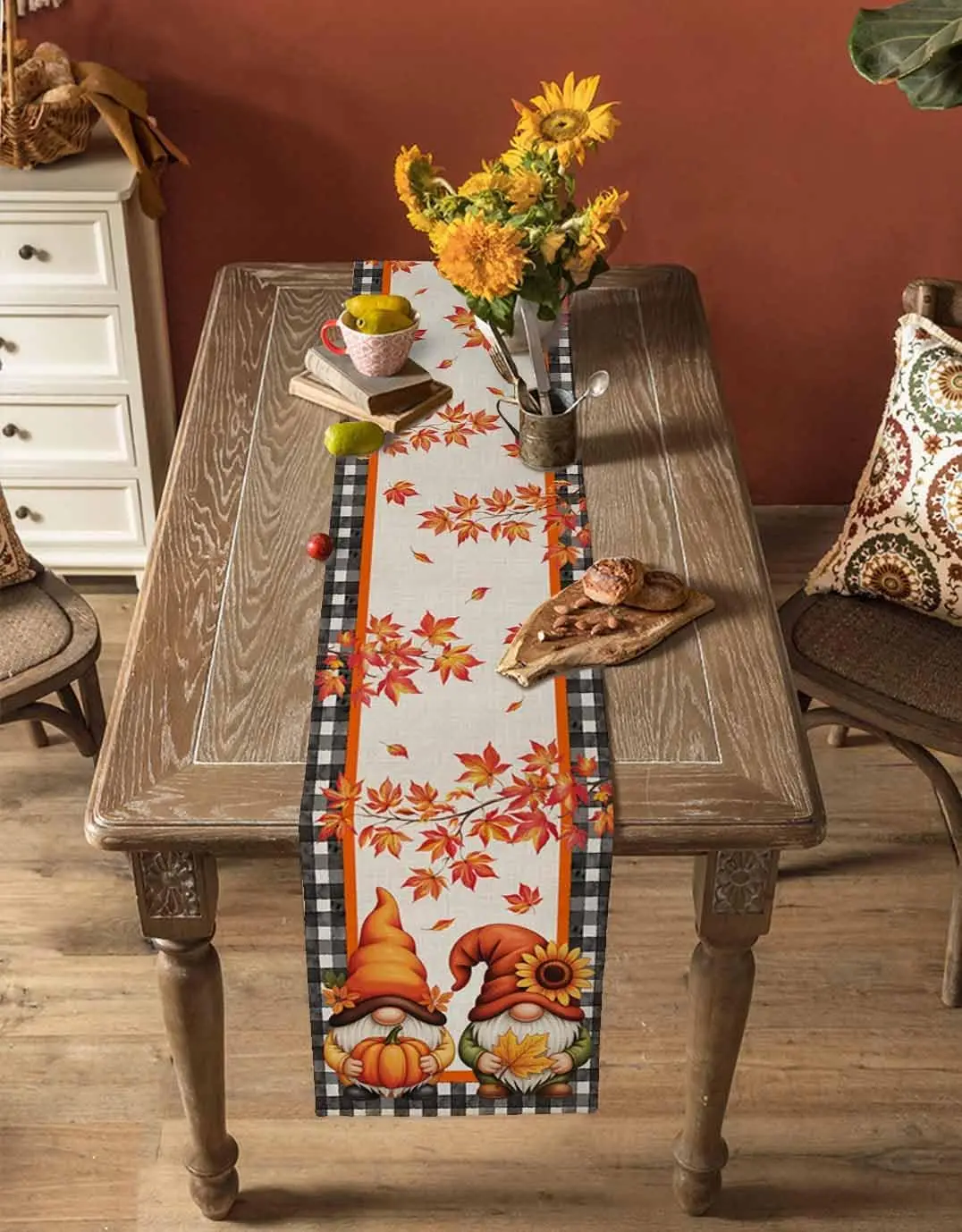Autumn Gnomes Pumpkins Linen Table Runner Holiday Party Decor Fall Sunflowers Maple Leaves Table Runners for Kitchen Table Decor