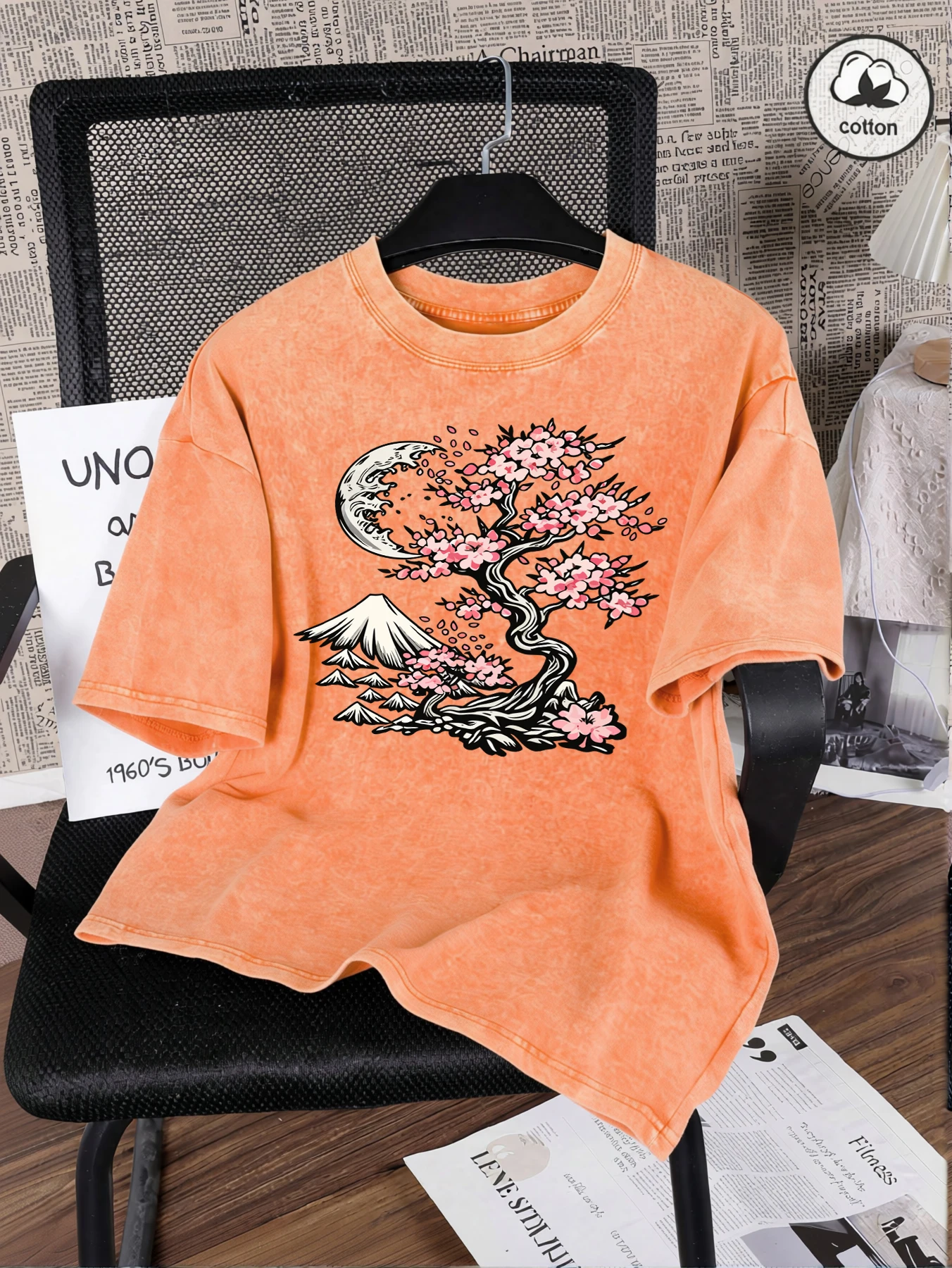 Japanese Tokyo Cherry Blossom Fuji Mountain Print Women'S Washed T-Shirt Summer O-Neck Tee Shirt Cotton Loose Clothes Korean Top