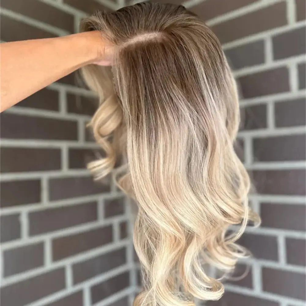Natural Brown Roots Silver-Gold Blonde Hair Lace Front Wig Lightweight Feel for Natural Look High Heat Synthetic Wigs for Women