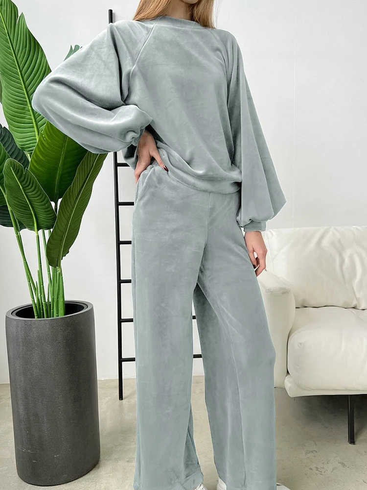 Linad Knitted Velvet Pajamas For Women 2 Piece Sets Lantern Sleeve O Neck Sleepwear Female Loose Trouser Suits Autumn Casual