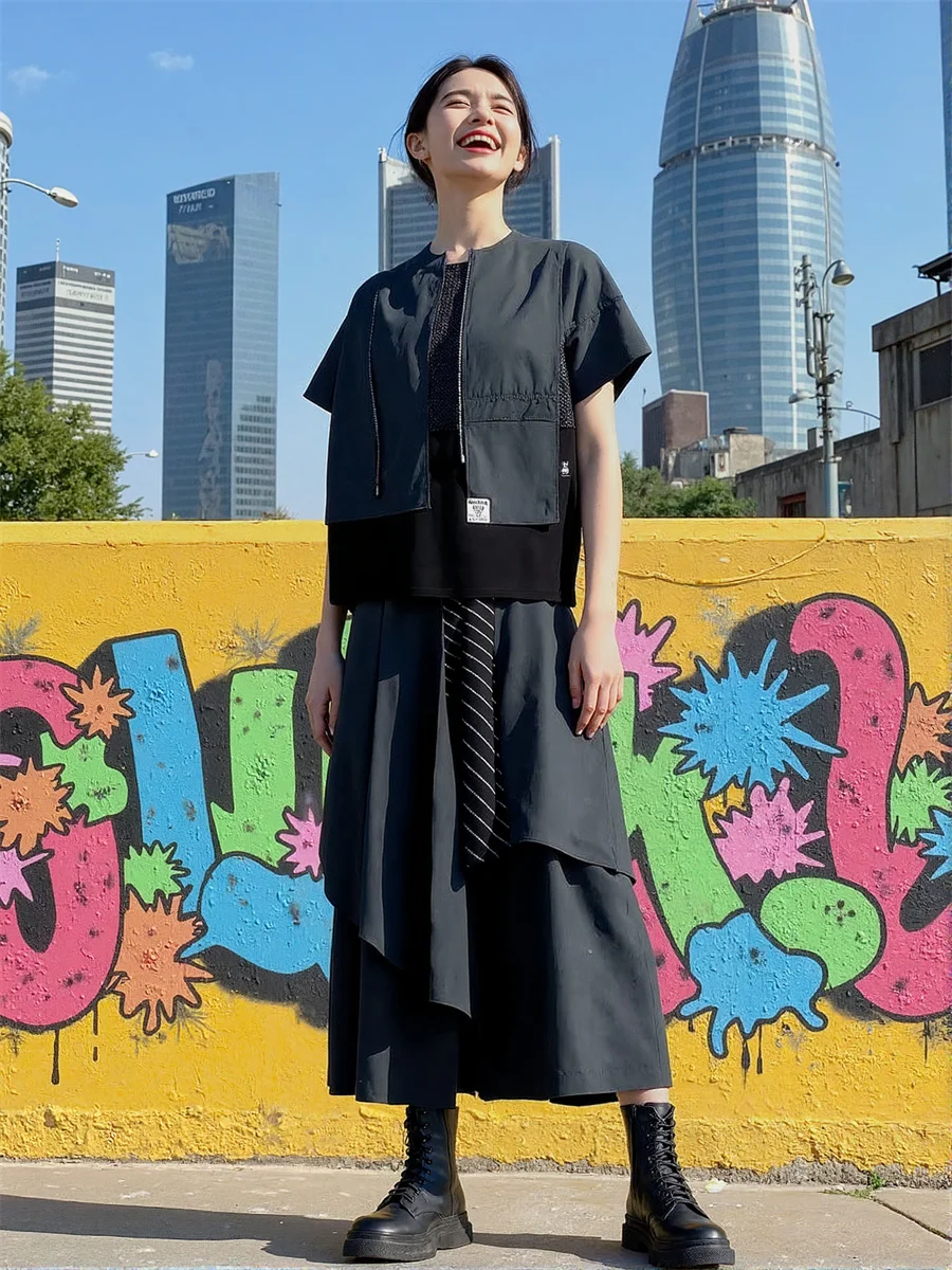 سراويل نسائية كاجوال بجيوب سوداء مرقعة موضة نسائية متباينة الألوان تصميم كتلة ملابس الشارع العصرية فضفاضة عالية الخصر مستقيمة #4