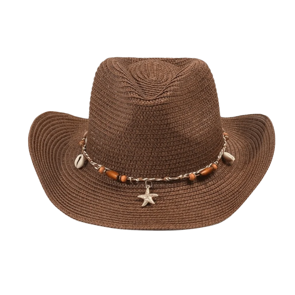 Starfish Pattern Acrylic Fibers Straw Cowboy Hat UV Protection Windproof Sun Hat Large Wide Brim Conch Shell Floppy Hat Pool