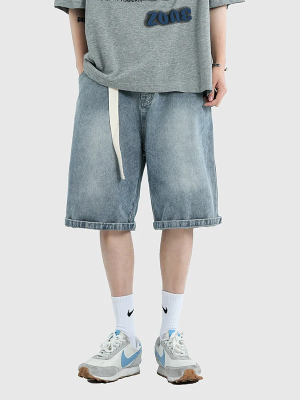 

Summer American Street Sle Vintage Workwear Rusted Denim orts Men's Versatile Loose Student Five-Part Pants Straight Leg