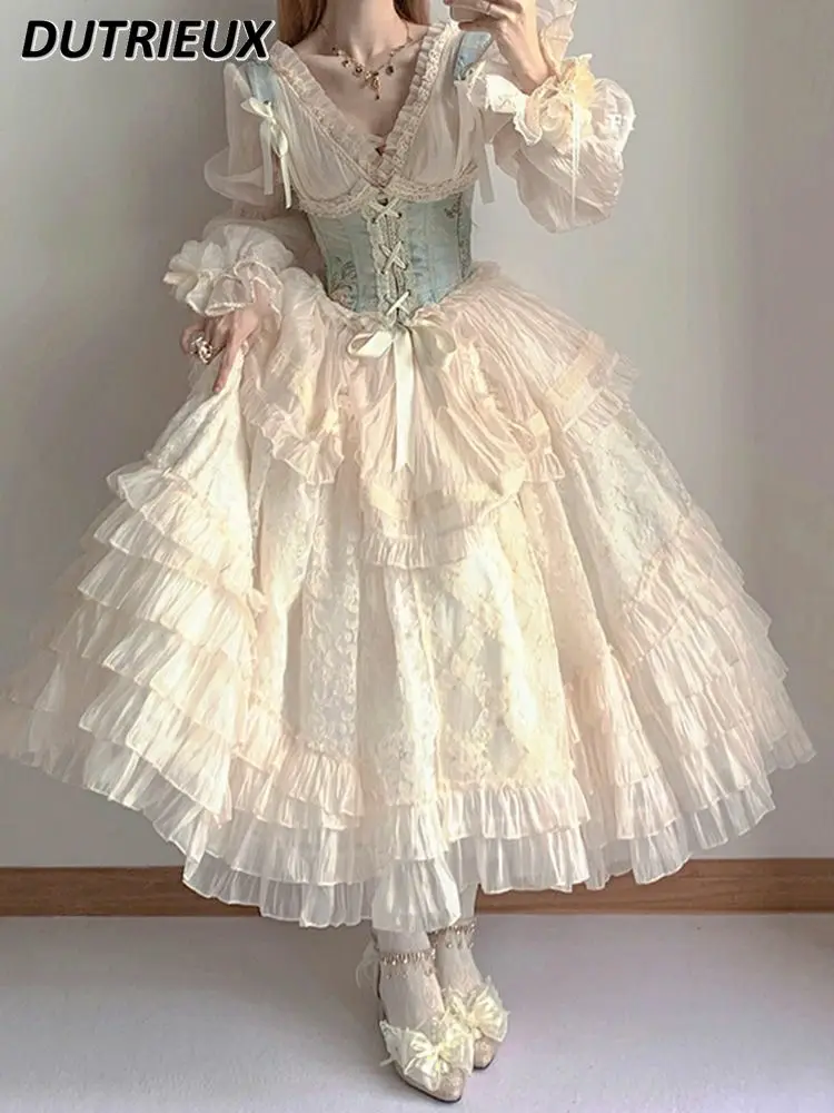 

Japanese Lolita Heavy Industry Slimming Long-sleeved V-neck Princess Dress Sweet and Elegant Girls Long Dresses and Waist Seal