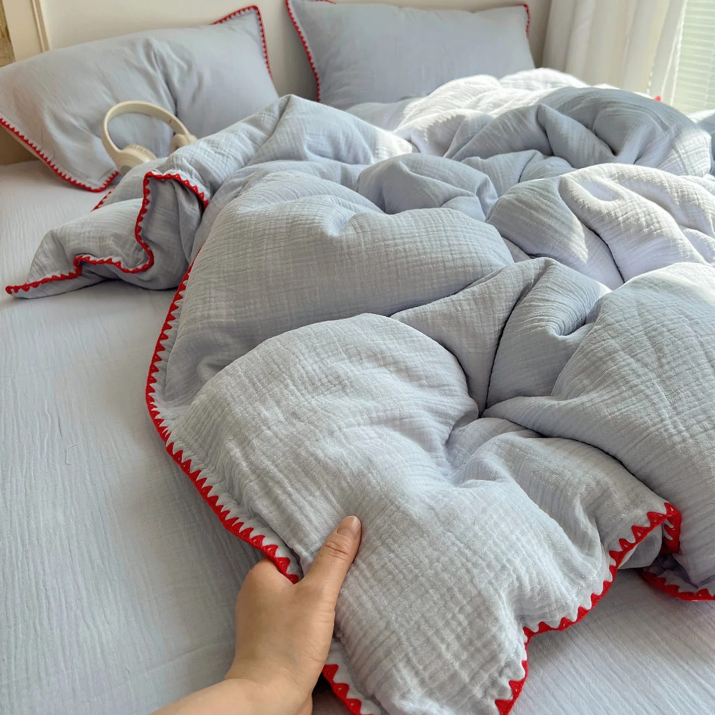 ins small fresh pure cotton double-layer wrinkled yarn four-piece set cotton gauze cotton skin-friendly sheets