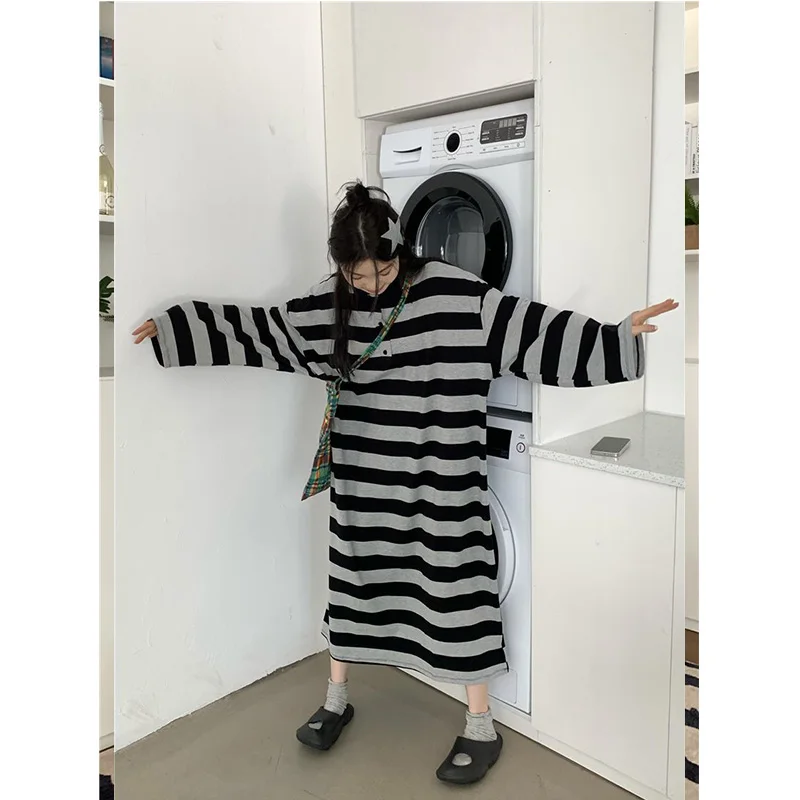 Oversized Female Buttons Korean Turn-down Collar Long Dress Autumn 2024 New Preppy Style Striped Loose Casual Dresses Women's