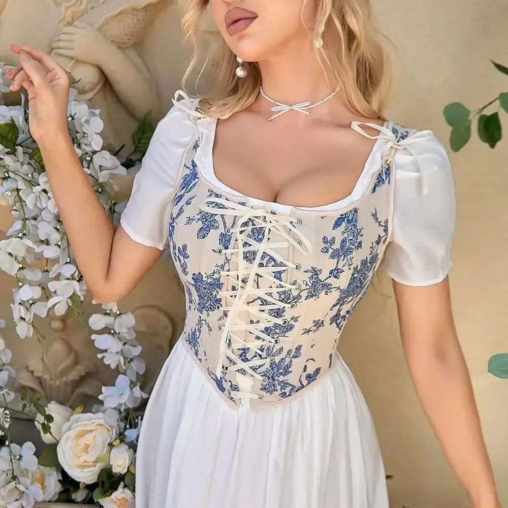 

Women Vintage Lace-up Front Corset Cami Renaissance Flower Pattern Tight Bustier Vest Drawstring Tie-up Slim Bodyshaper Tank Top