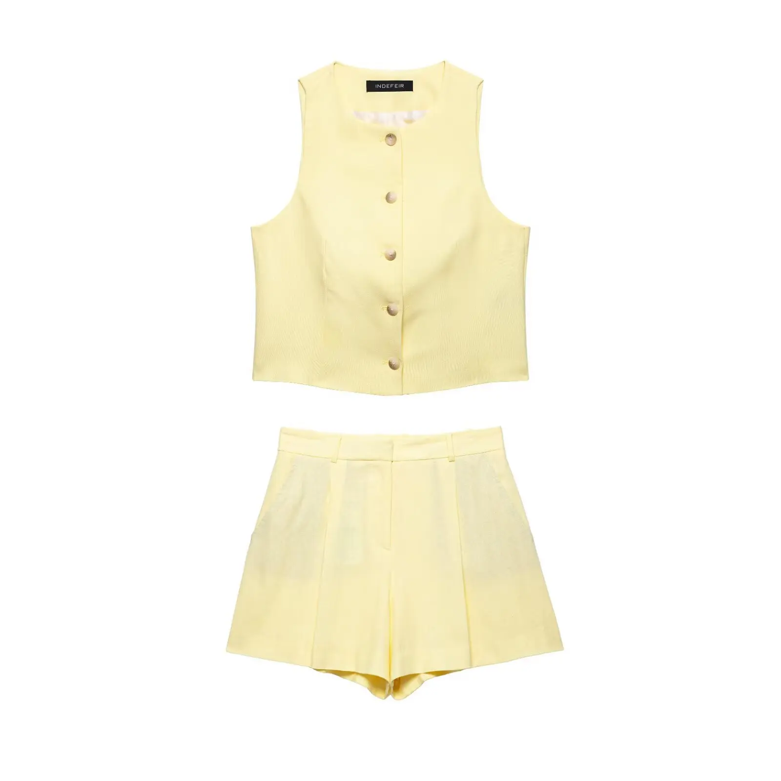 

Women's Summer Two Piece Pant Set Line Single Breasted Vest Sleeveless Round Neck Top+Elegant Blended High Waist Zipper Shorts