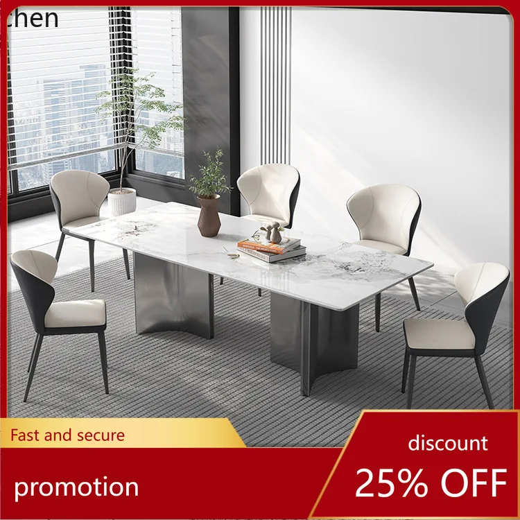 YFY Light Luxury Stainless Steel Titanium Plated Nordic Rock Plate Dining Table Modern Minimalist Dining Table Pandora Glossy