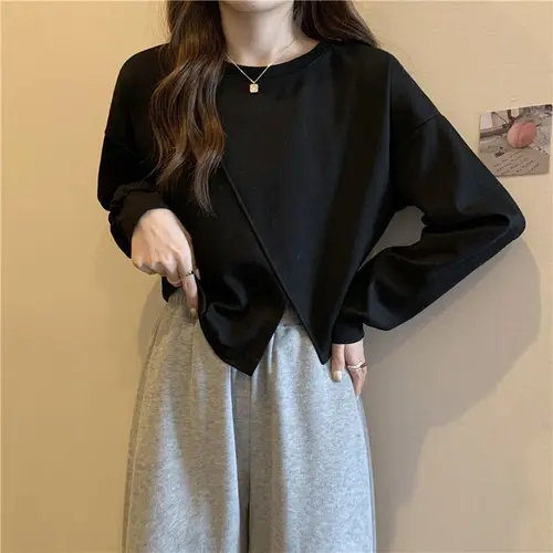 아메리칸 레트로 스플릿 블랙 긴팔 맨투맨 여성, 라운드넥 상의, 신상