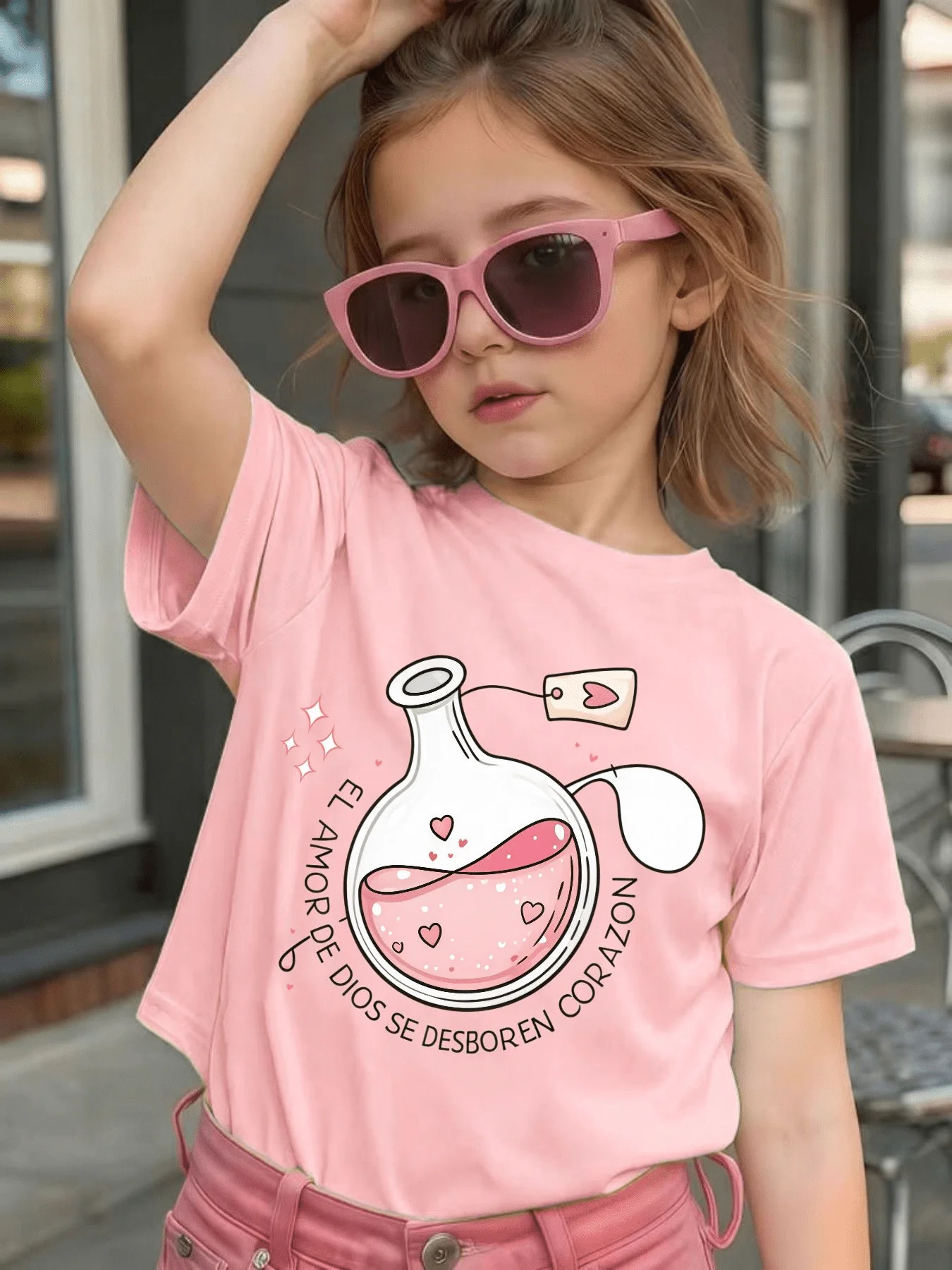 Cute Pink Love Potion Bottle Heart Graphic Kids Tee Boys Girls Family Matching Cotton Crew Neck Short Sleeve Soft Summer Tee