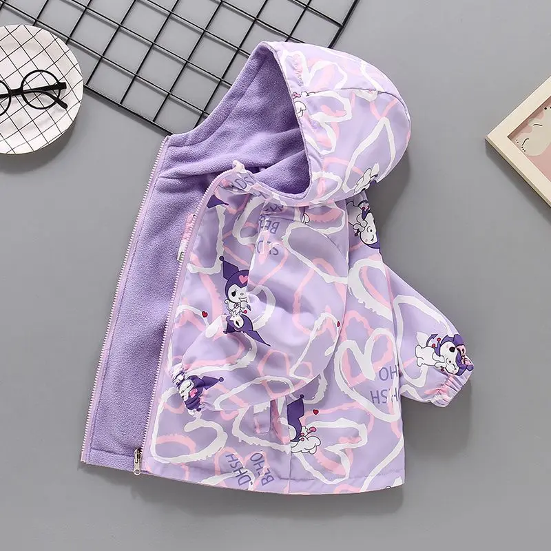 Reversible Kuromi Sanrio Kids Spring Jackets Anime Thicken Warm Coat Long Sleeve Hoodie Cute Cardigan Outdoor Jackets Girl Gift