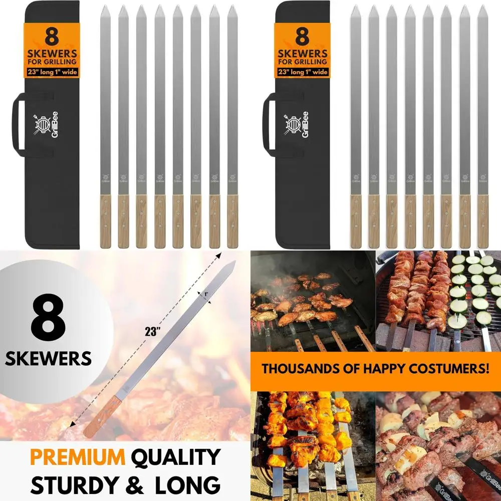 

Stainless Steel Reusable Skewers for Grilling, 23 Inch Long, 1 Inch Wide, Set of 8 with Bag, Perfect for Brazilian Koobideh and