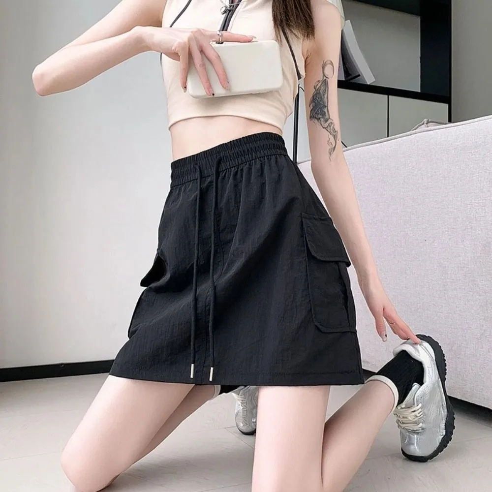 

Loose High Waist Skirt Lace Up Drawstring Causal Skirts Women Spicy Girl Style Large Pocket Wide Half Leg Skirts Streetwear