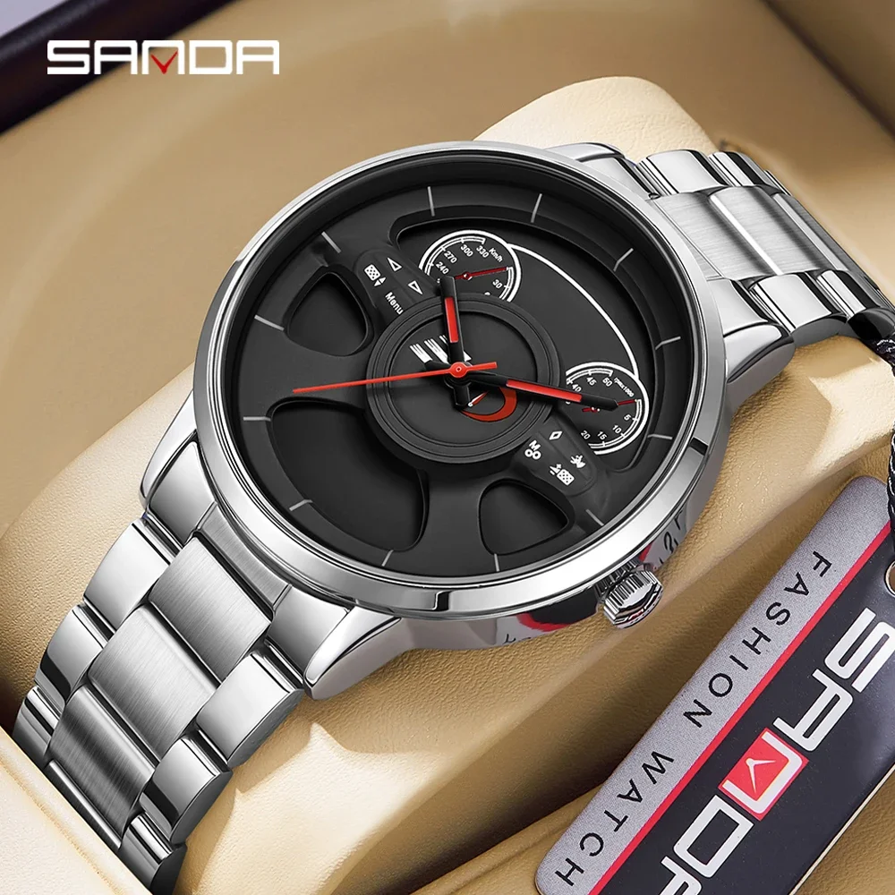 SANDA P1138 Top Brand Sport Car Wheel Rim Hub Watches For GTR Men Super Watch Stainless Steel Waterproof WristWatch Male Reloj