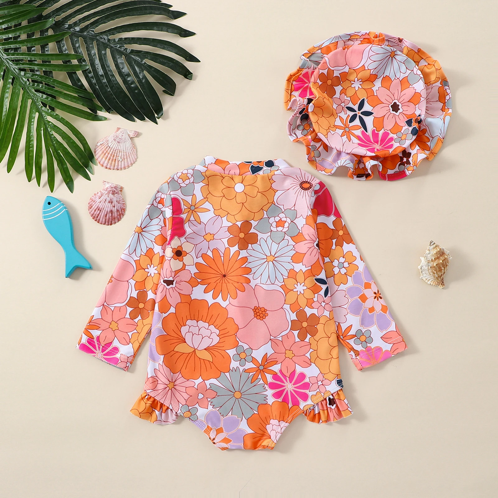 0-2 Years Toddler Baby Girls Swimwear Infant Spring Summer Swimsuit Long Sleeve Floral/Shell Print Bathing Suit with Hat Outfit