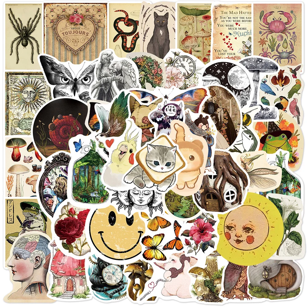 

10/30/50pcs Retro Flora and Fauna Cartoon Stickers Aesthetic Decorative Stationery Planner Laptop Waterproof Vintage Decals Toys