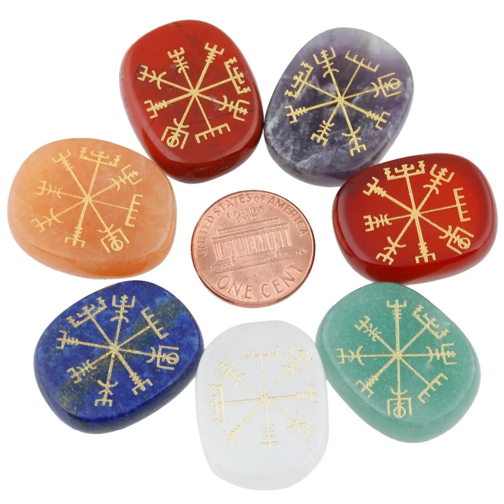 TUMBEELLUWA 7Pc/Set Healing Crystal 7 Chakra Palm Stone Worry Stone Engraved Symbols Reiki Meditation Balancing