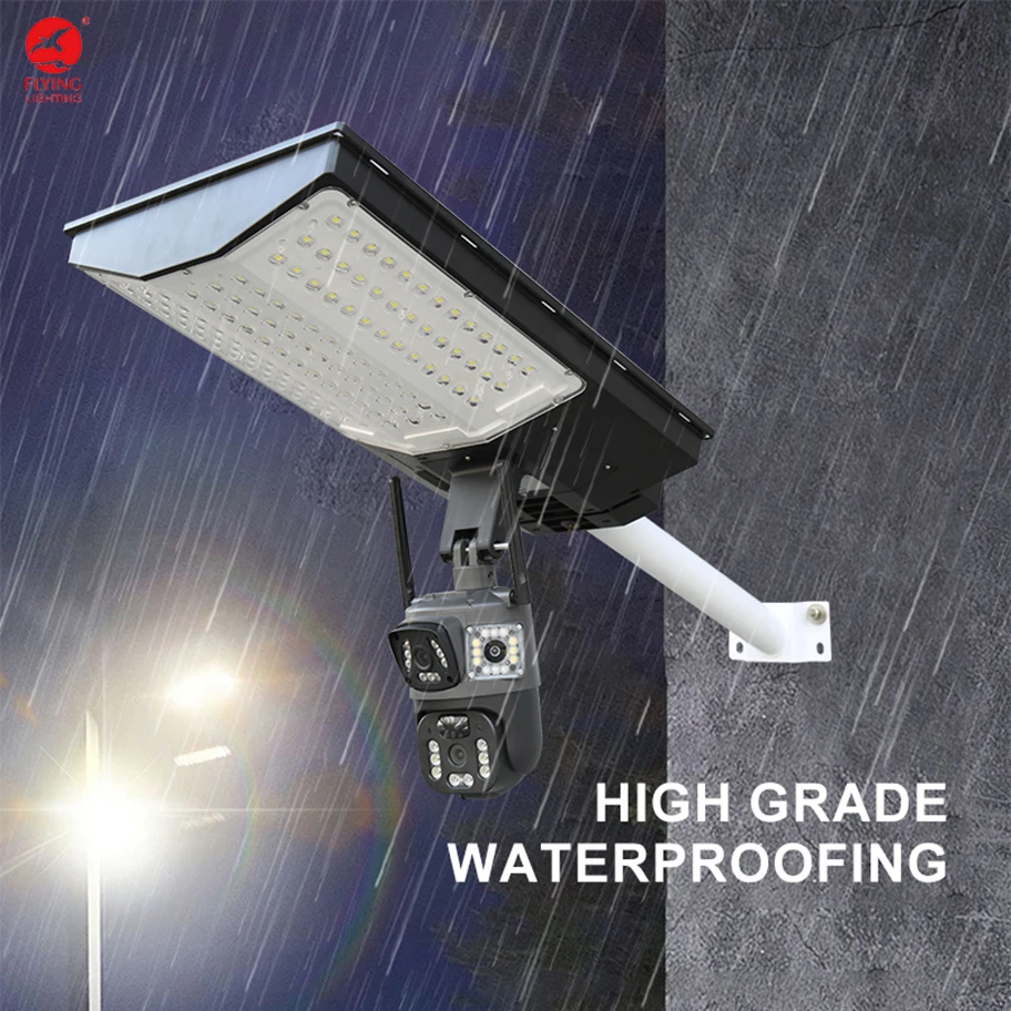 Integrated solar-powered IP65-class LED street light, with dual CCTV cameras, using ABS material, simulating security monitoring