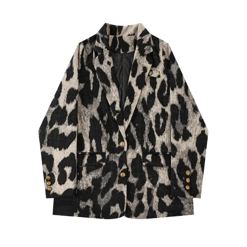 Leopard Blazer Jacket Women Leopard England Old Money Style Notched Collar Coats 2024 Autumn Winter Oversized Tide Streetwear