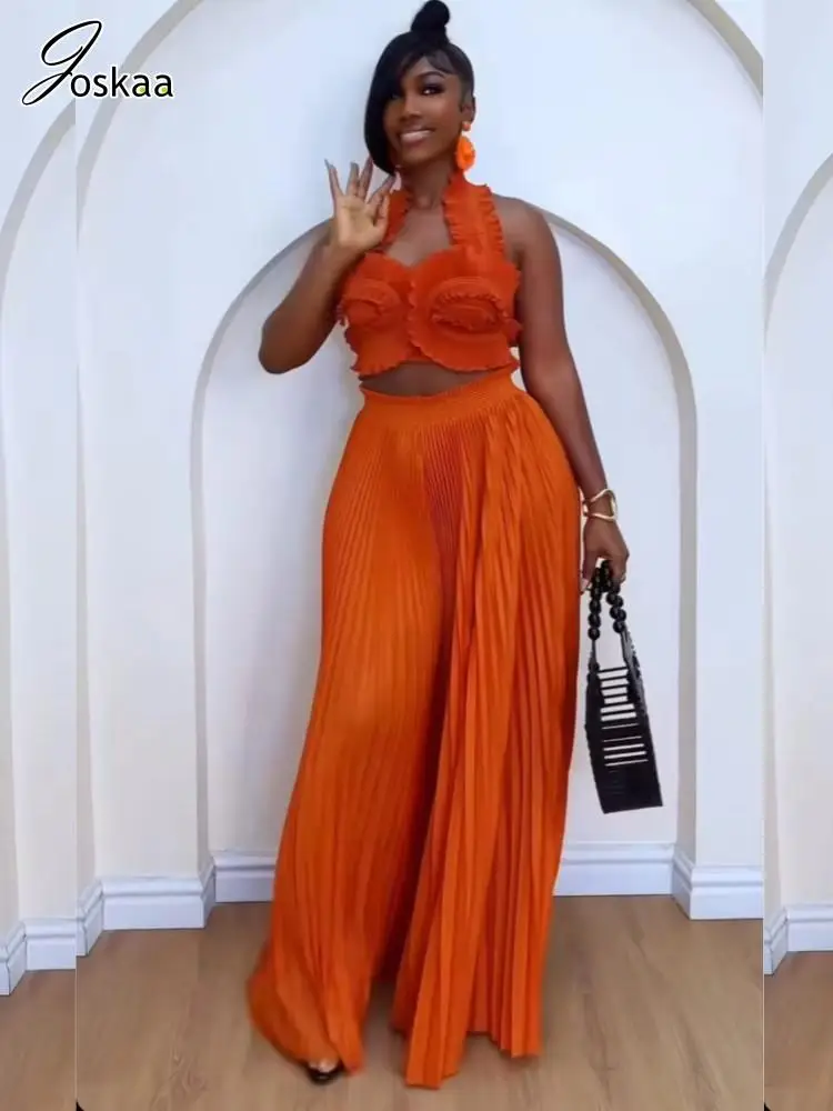 

Joskaa 2025 Women's Elegant Pleated 2 Piece Set Sexy Backless Bandage Halter Top+Wide Leg Straight Pants Matching Party Clubwear