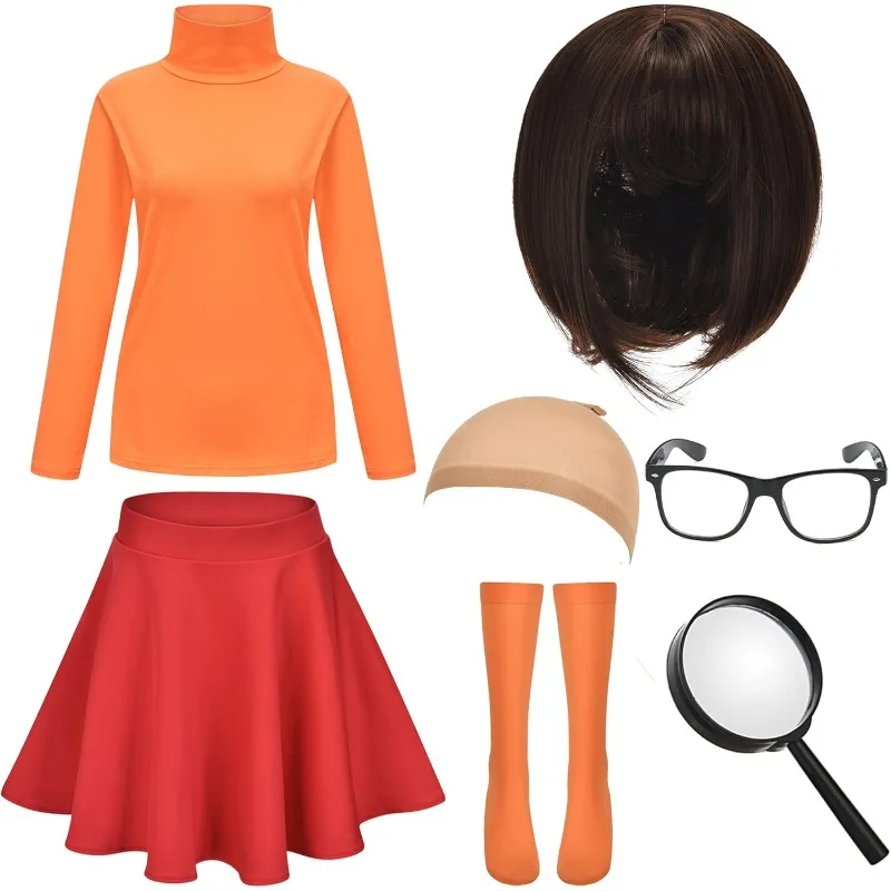 

Halloween Deluxe Adult Costume for Women Brown Bob Wig Turtleneck Top Skater Skirt Magnifying Glass Socks and Glasses