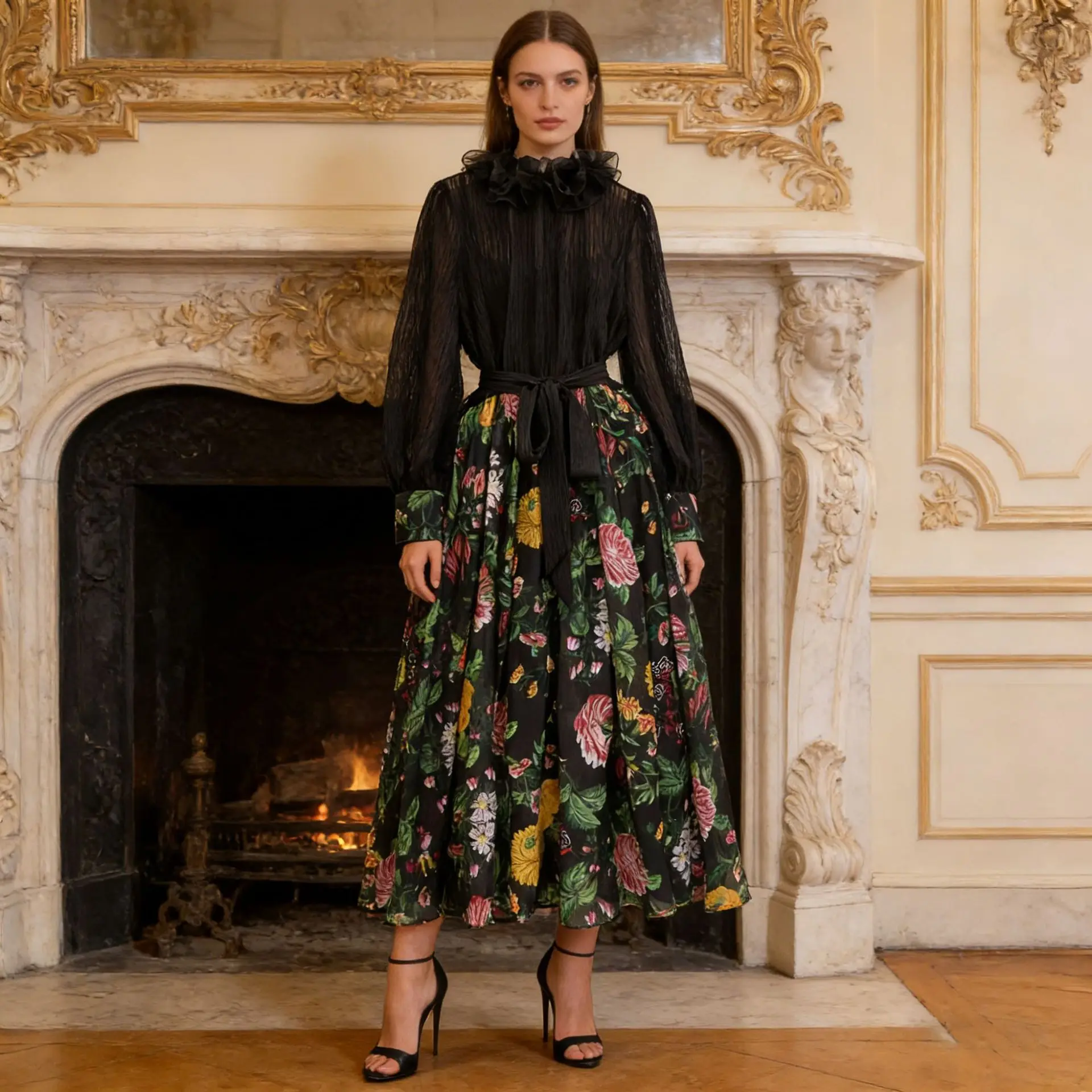 

Шикарное женское платье с воротником-стойкой и принтом, с пышной юбкой, длинными рукавами, прозрачными вставками, на весну и осень, с завышенной талией, длиной до колена