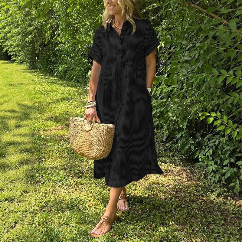 Vestido camisero de verano para mujer, vestido veraniego por debajo de la rodilla de manga corta de lino y algodón holgado informal, cómodo y ligero, 2025