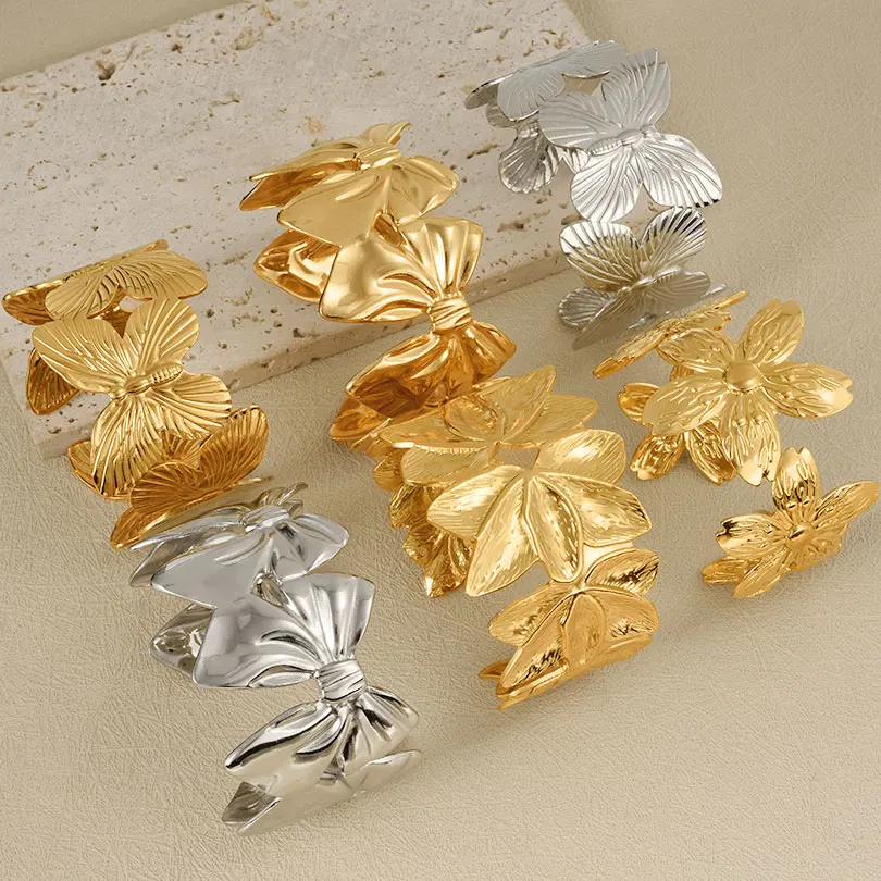 1Pc Stainless Steel Women Hammered Irregular Bowknot Flowers Chunky Open Bracelet Trendy  Animal Butterfly Cuff Bangle Jewelry