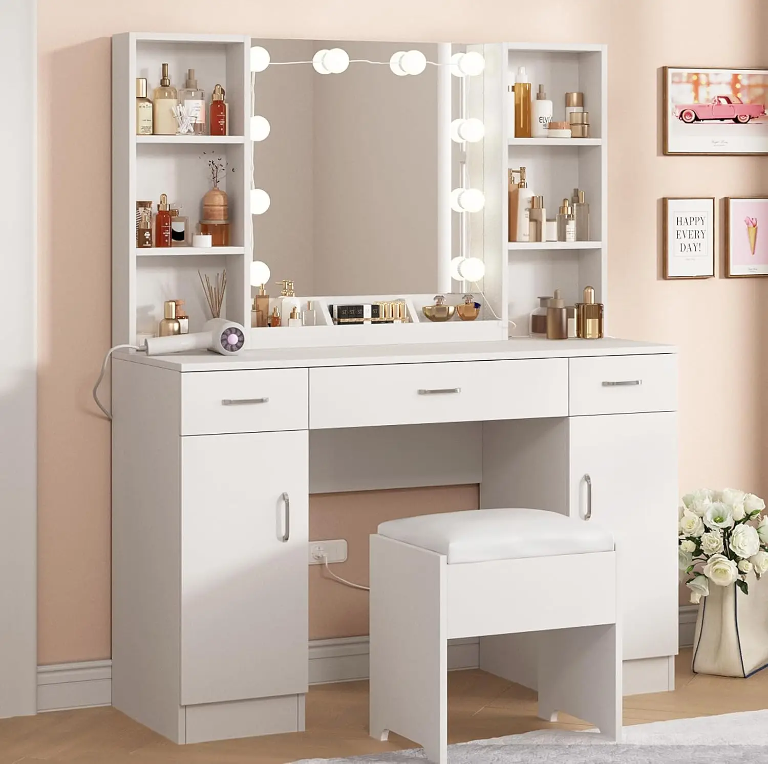 

Makeup Desk with Lights, 3 Lighting Colors, Vanity Set Makeup Table, Large Vanity with 3 Drawers, 2 Cabinets & Multiple Shelves