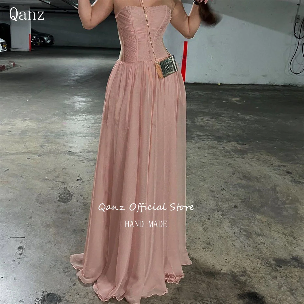 

Qanz Chiffon Dirty Pink Evening Dresses Strapless Long A Line Dress Women Elegant Party Vestidos De Noche Para Dama Customized