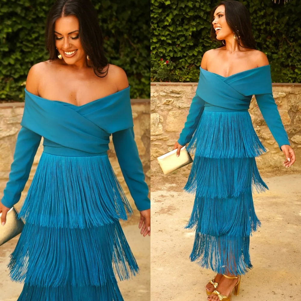 

Customized Temperament Jersey Evening Dresses Off the Shoulder Long Sleeves Celebrity Gowns High Quality Special Occasion Gowns