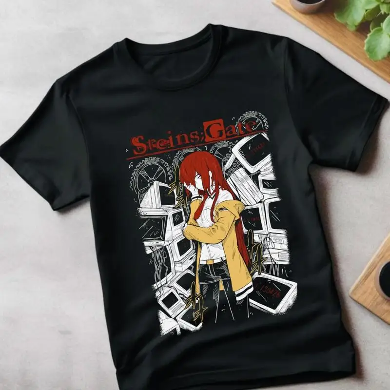 تي شيرت Steins Gate Kurisu Makise قميص Anime Manga قميص أسود بجميع المقاسات