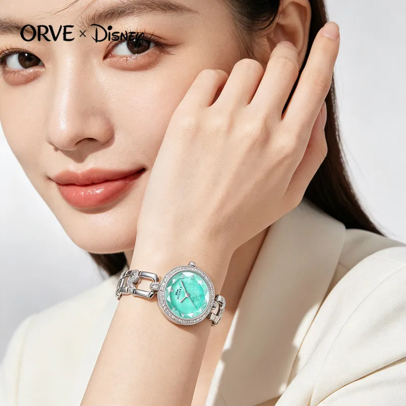 ORVE Mickey Mouse Woman Luxury Rhinstone Quartz Wristwatches Shell Pearl Dial Young Lady Girl Cute Elegant Dress Gift Wristband