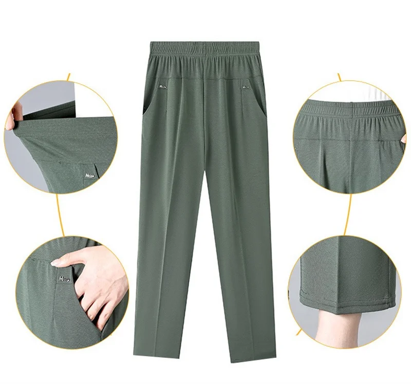 Middle Aged Women's Pants 2026 New Summer Thin High Waiste Elastic Loose Straight Pants Female Casual Trousers 5XL 6XL 7XL 8XL