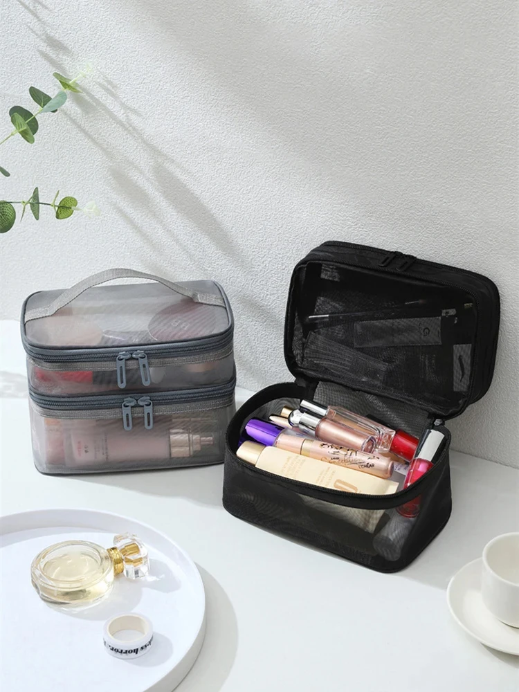 תיק אחסון רשת דו-שכבתי, פתחים כפולים לקיבולת גדולה, חומר רך עמיד בפני עיוותים, שקוף וברור.