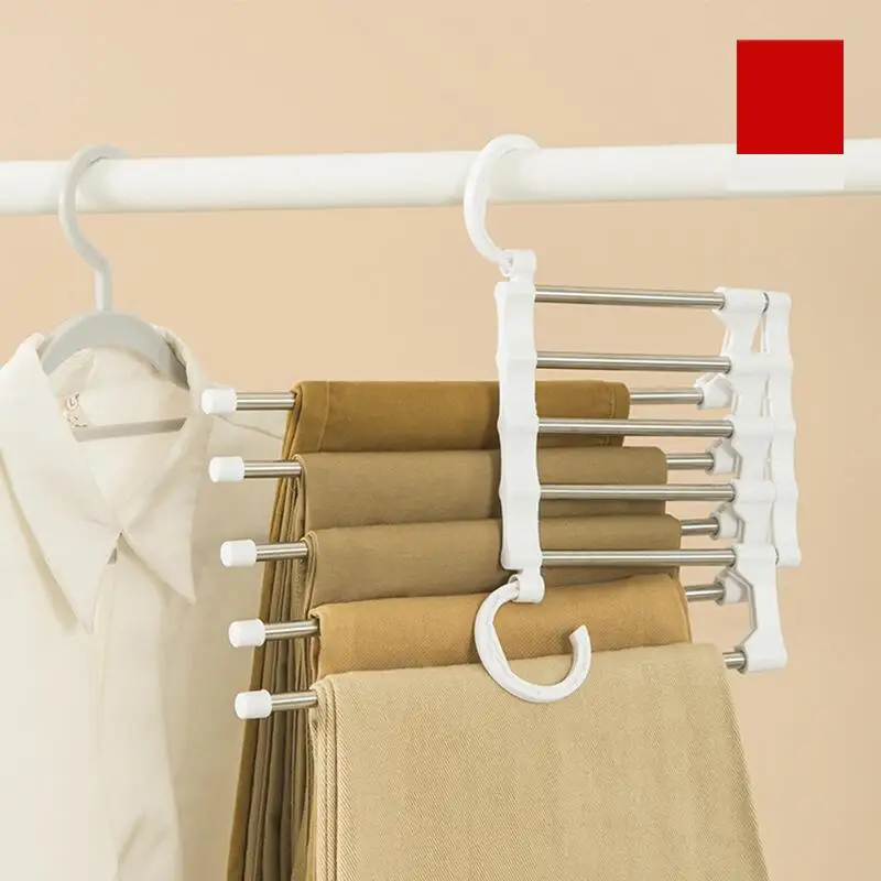 5 In1 Save Space Pants Hanger Collapsible Towel Tie Hook Multi-functional Clothes Trouser Rack Wardrobe Closet Organizer Storage