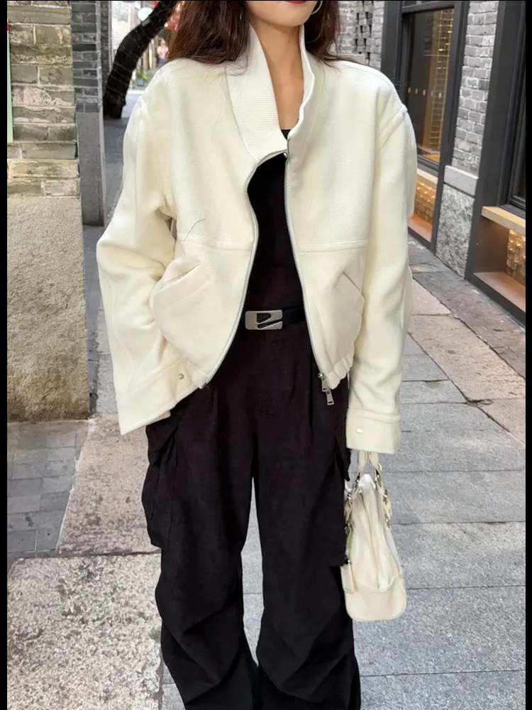 

Casual Cotton Blend Woolen Jaet Loose Zipper Color Street Sle Long Sve Stand Collar Multi-Purpose Outerwear